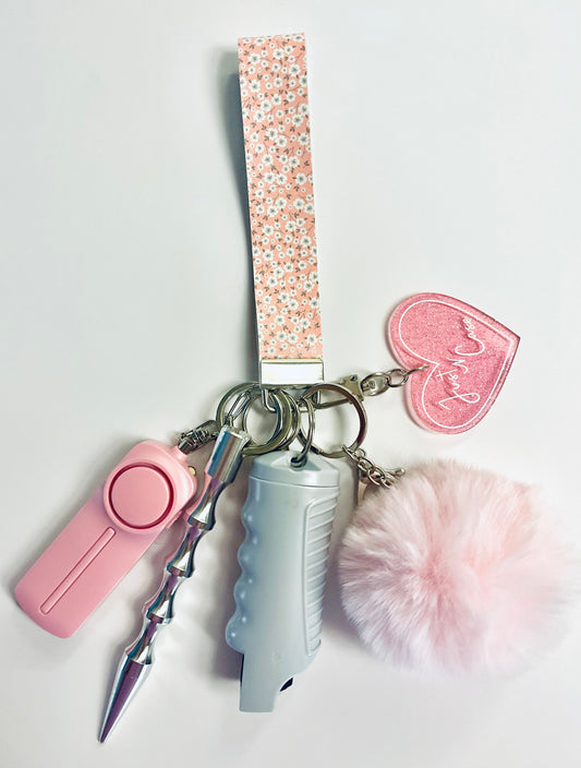 Pink and Gray Floral Keychain